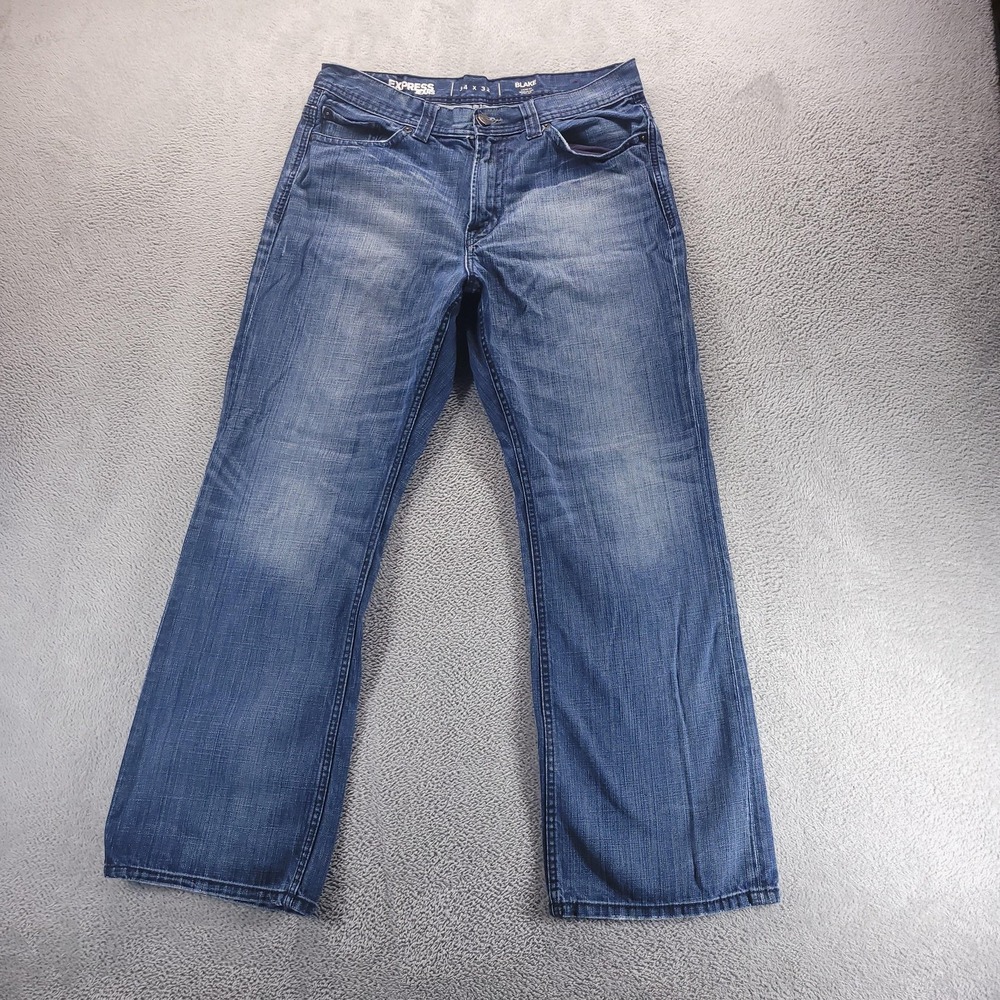 Express Jeans Mens 34x32 Blue Blake Relaxed Bootcut Faded Dark Wash Preppy
